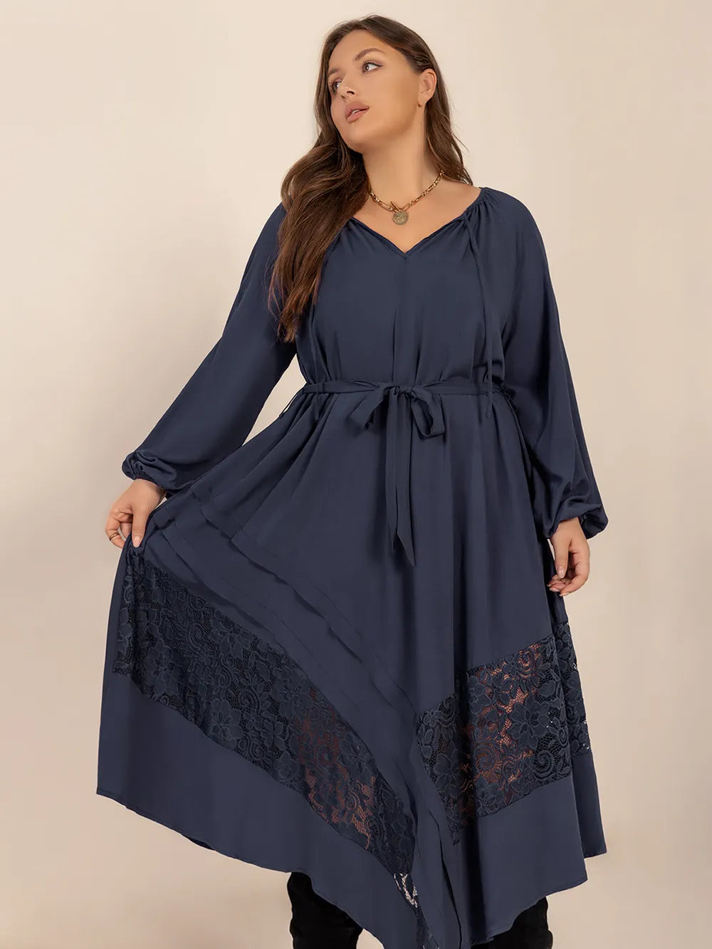 Plus Size Lace Detail Tie Neck Long Sleeve Midi Dress - Treasured Gift's & More