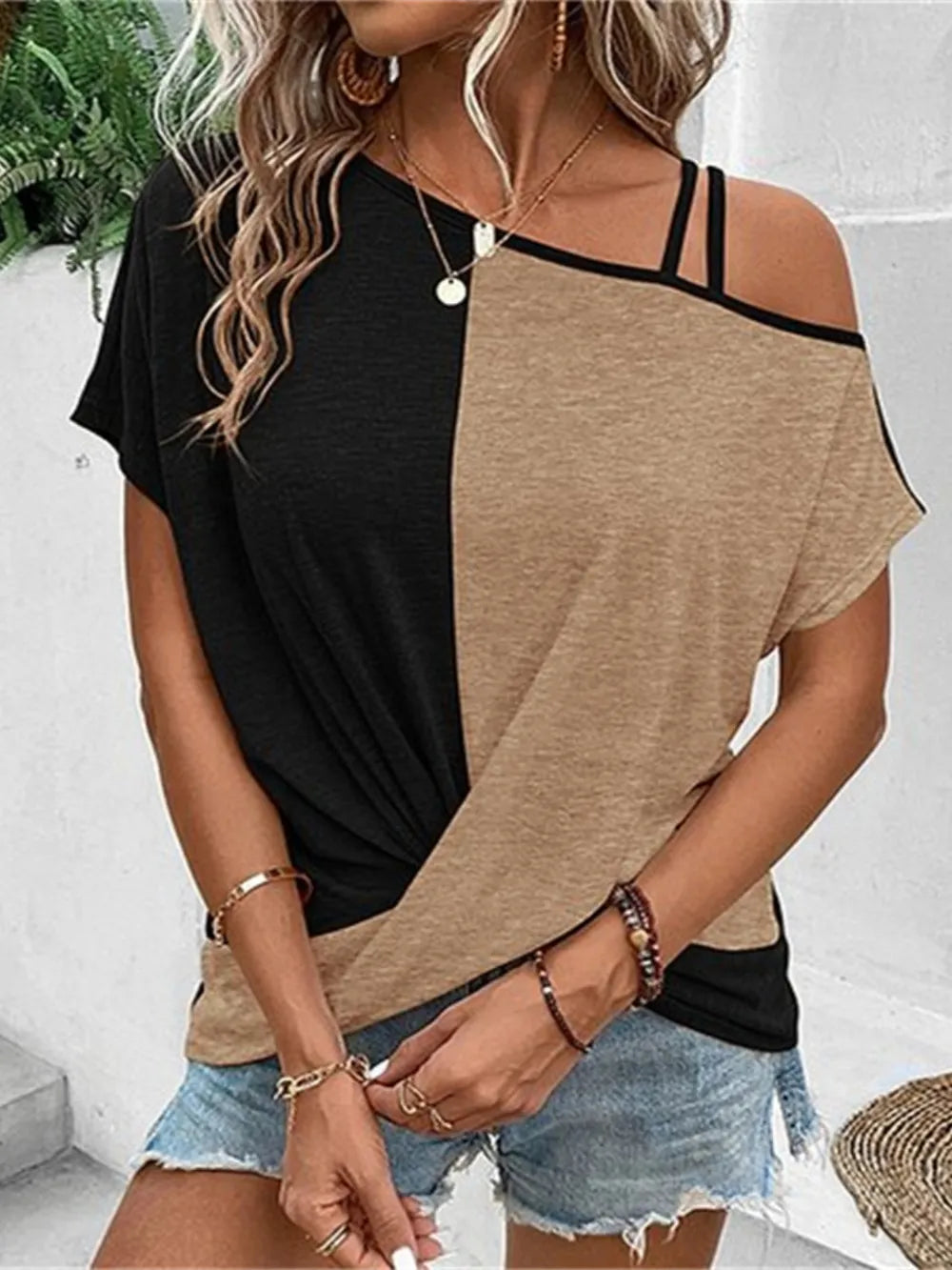 Contrast Asymmetrical Neck Short Sleeve T-Shirt - Treasured Gift's & More