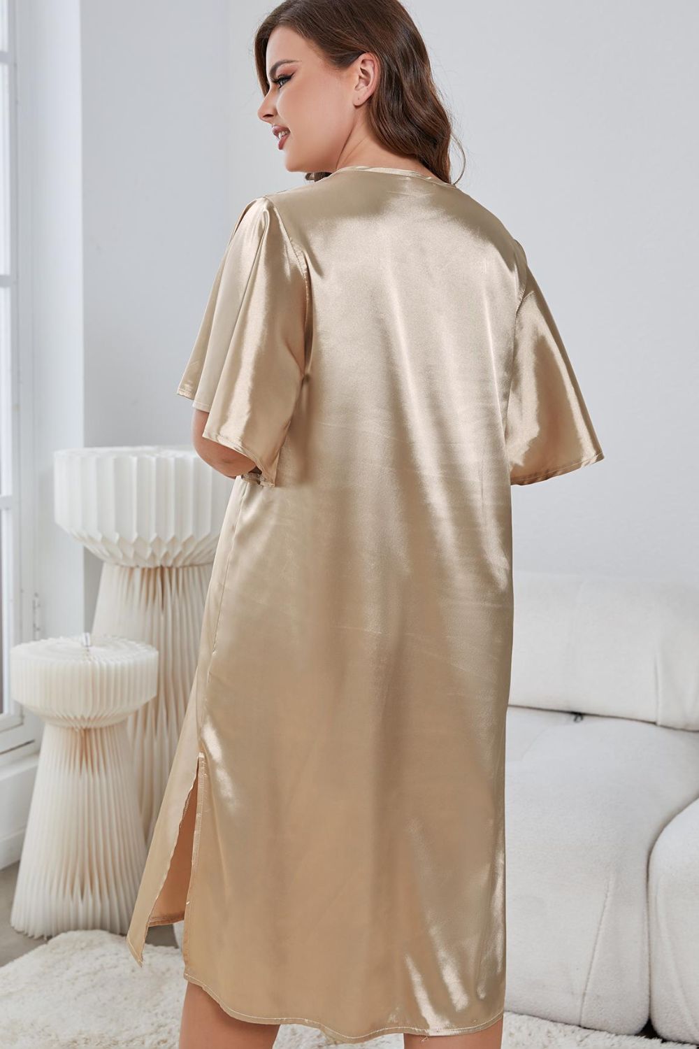 Plus Size Flutter Sleeve V-Neck Side Slit Night Gown - Treasured Gift's & More