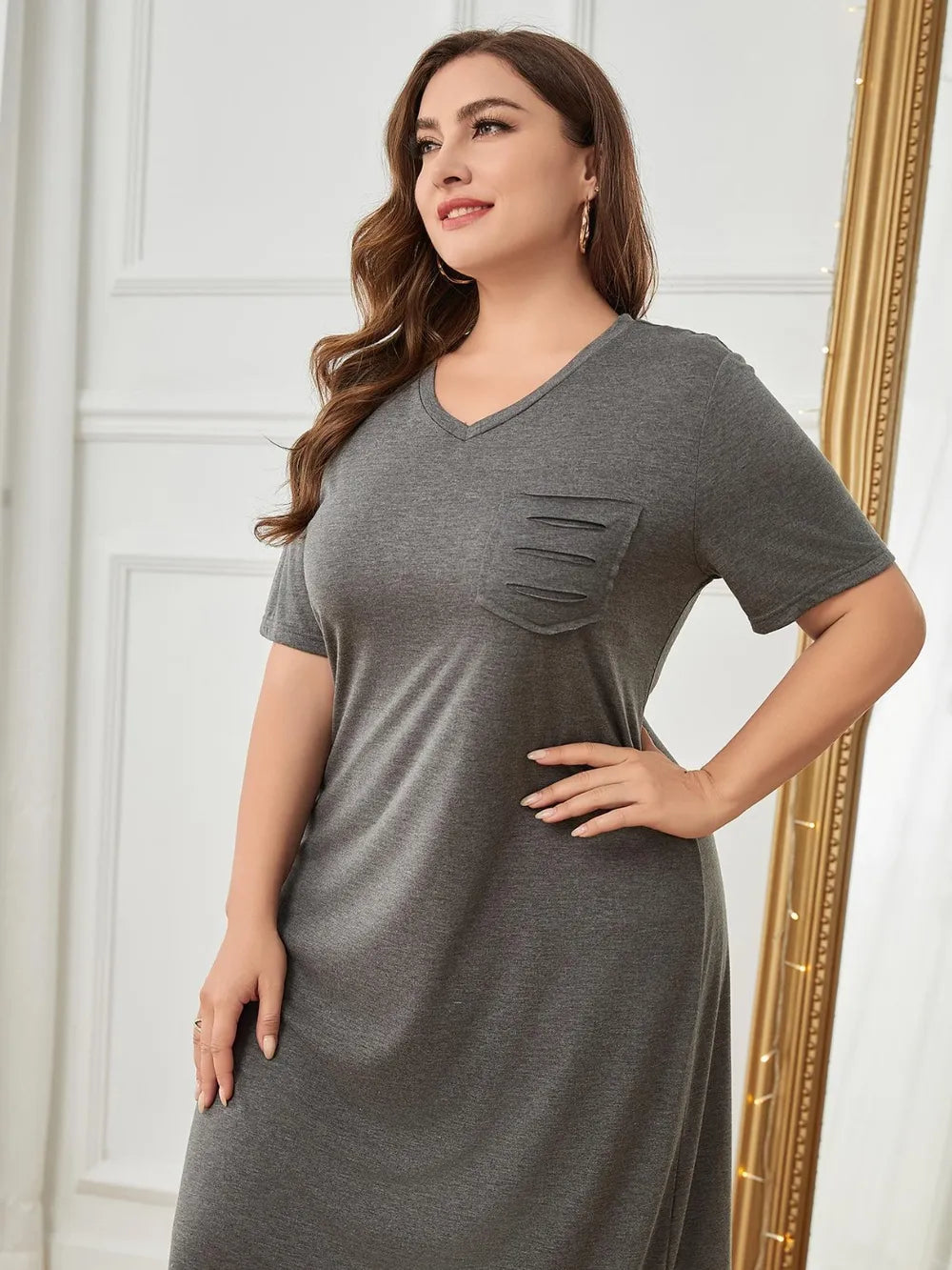 Plus Size Pocketed V-Neck Short Sleeve Lounge Dress - Treasured Gift's & More