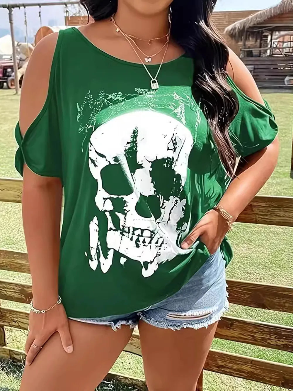 Plus Size Skeleton Graphic Round Neck Cold Shoulder T-Shirt - Treasured Gift's & More