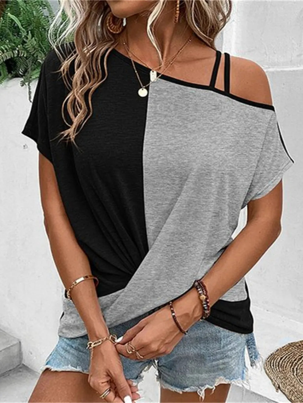 Contrast Asymmetrical Neck Short Sleeve T-Shirt - Treasured Gift's & More