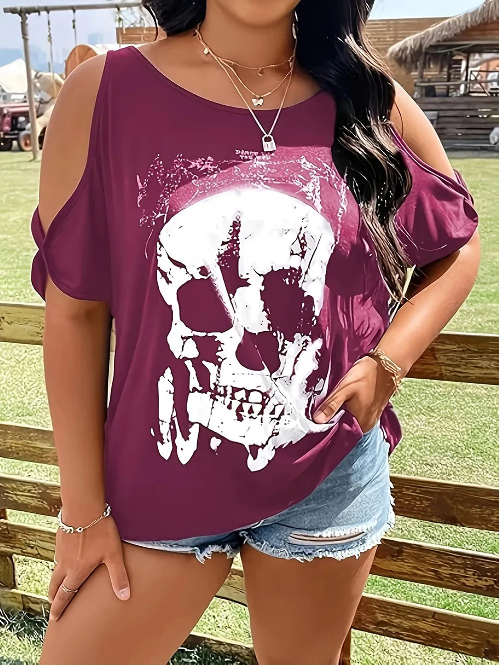 Plus Size Skeleton Graphic Round Neck Cold Shoulder T-Shirt - Treasured Gift's & More
