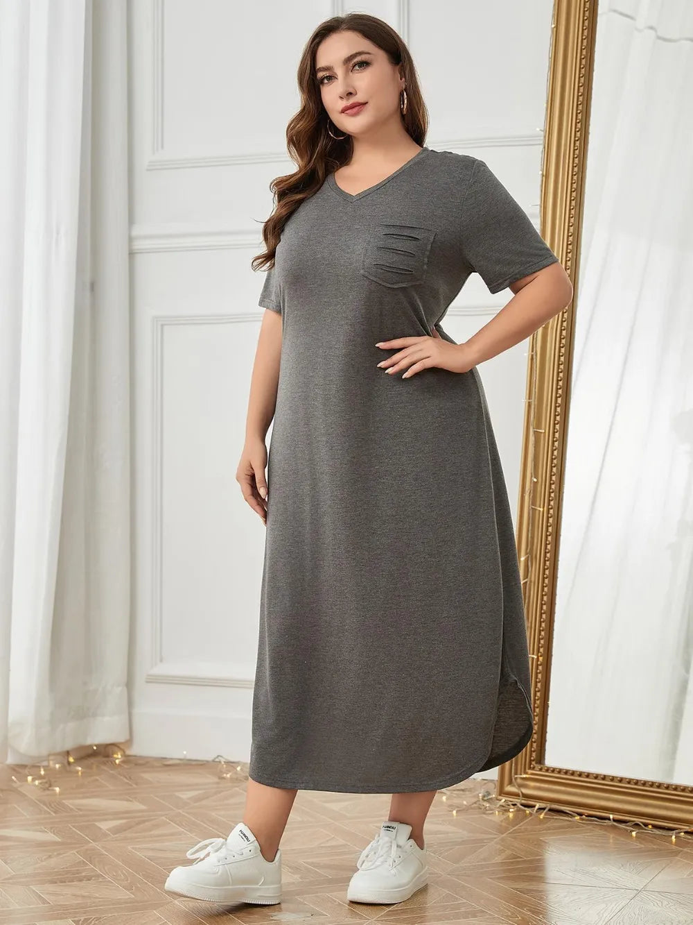 Plus Size Pocketed V-Neck Short Sleeve Lounge Dress - Treasured Gift's & More