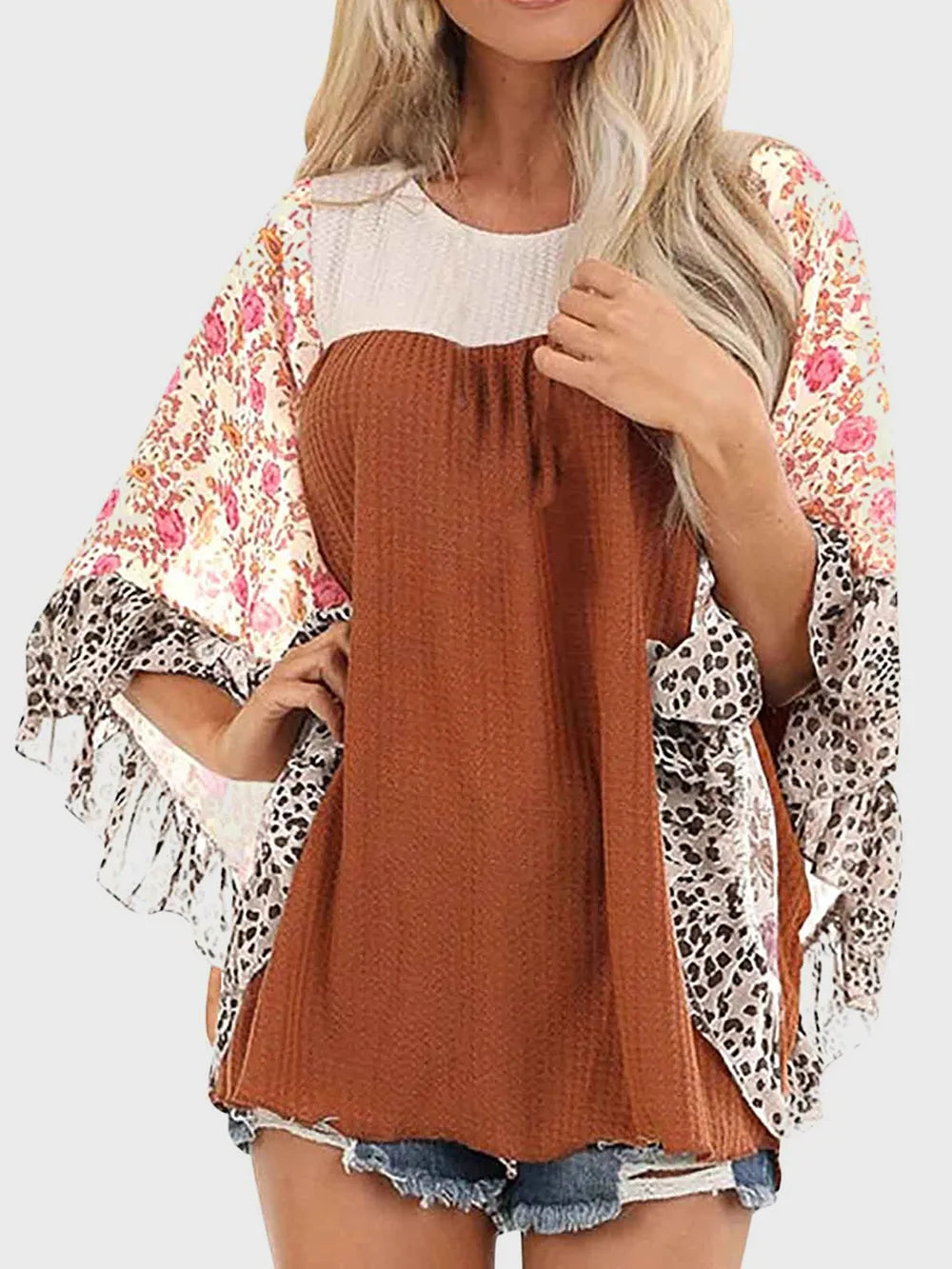 Full Size Printed Round Neck Three-Quarter Sleeve Blouse - Treasured Gift's & More