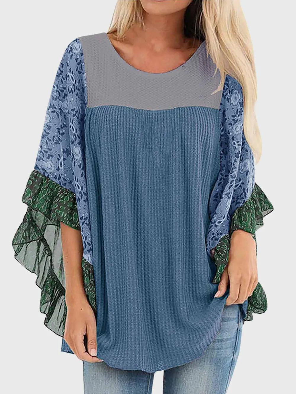 Full Size Printed Round Neck Three-Quarter Sleeve Blouse - Treasured Gift's & More