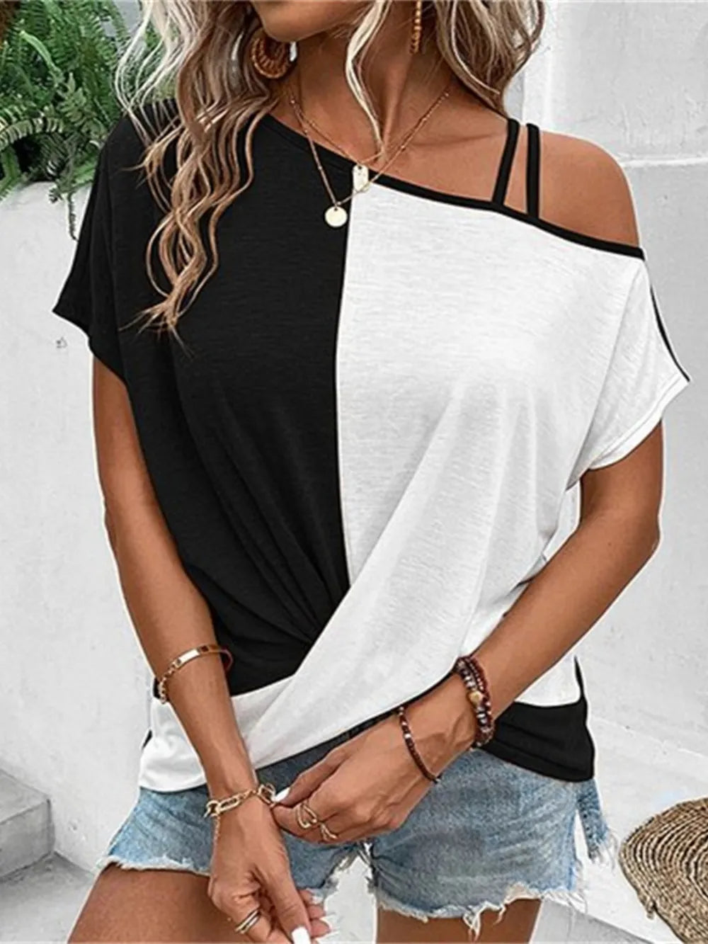 Contrast Asymmetrical Neck Short Sleeve T-Shirt - Treasured Gift's & More