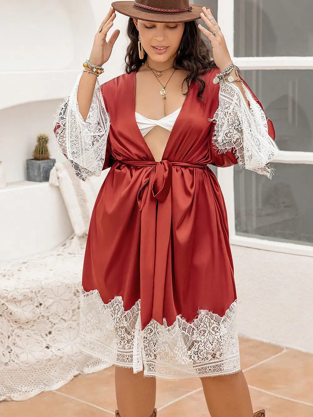 Plus Size Lace Patchwork Tie Front Robe - Treasured Gift's & More