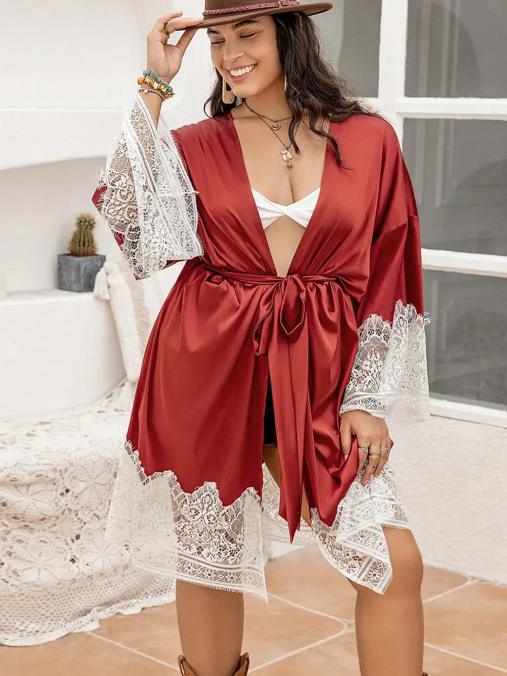 Plus Size Lace Patchwork Tie Front Robe - Treasured Gift's & More