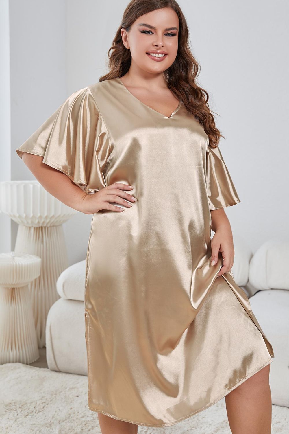 Plus Size Flutter Sleeve V-Neck Side Slit Night Gown - Treasured Gift's & More