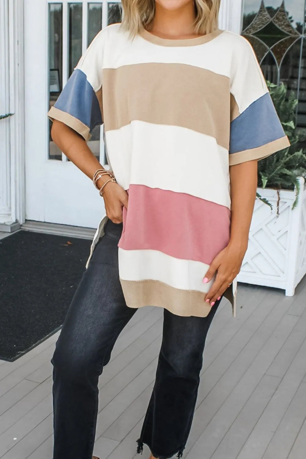 Color Block Patchwork Side Split Tunic T Shirt - Treasured Gift's & More