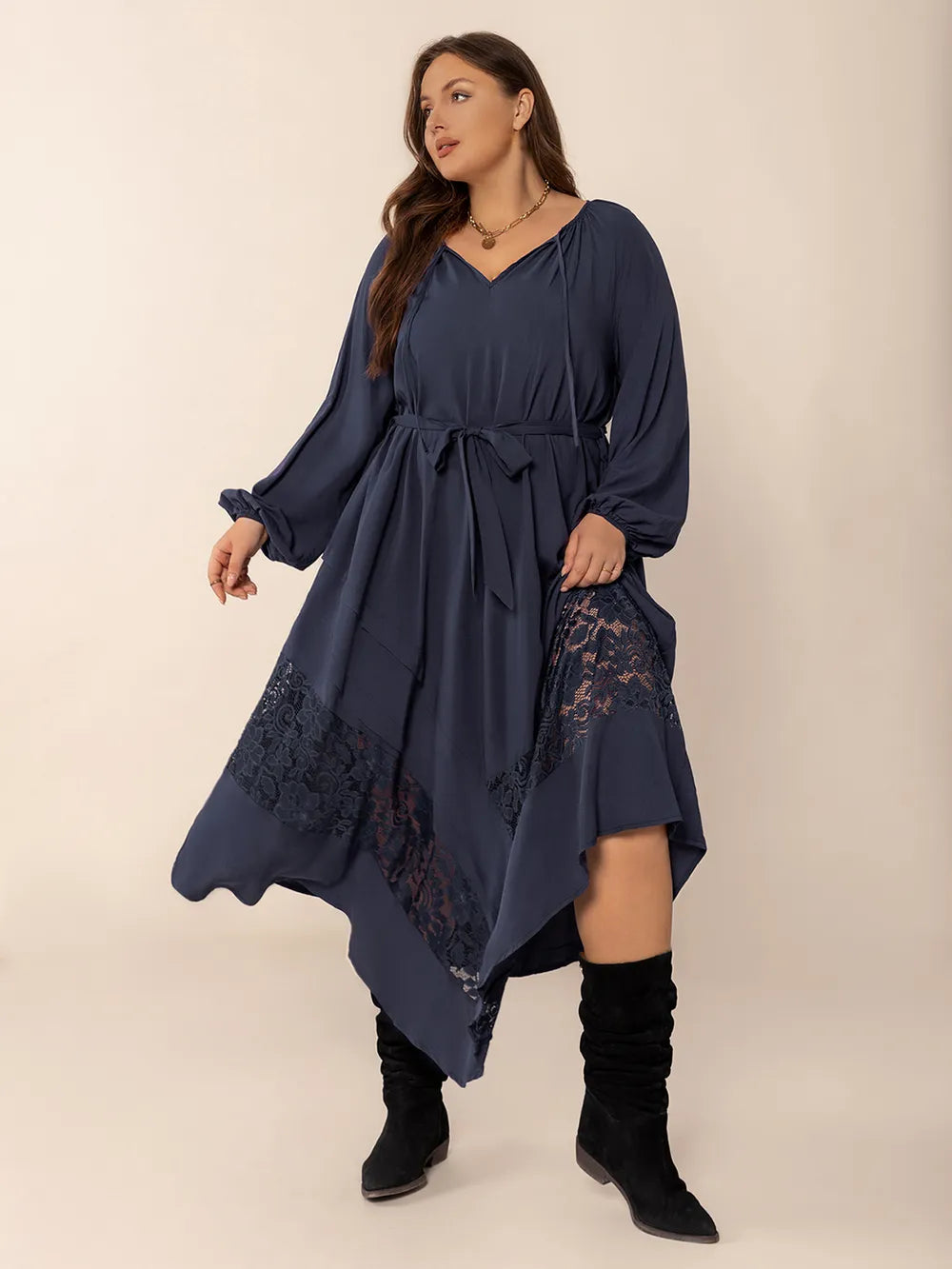 Plus Size Lace Detail Tie Neck Long Sleeve Midi Dress - Treasured Gift's & More