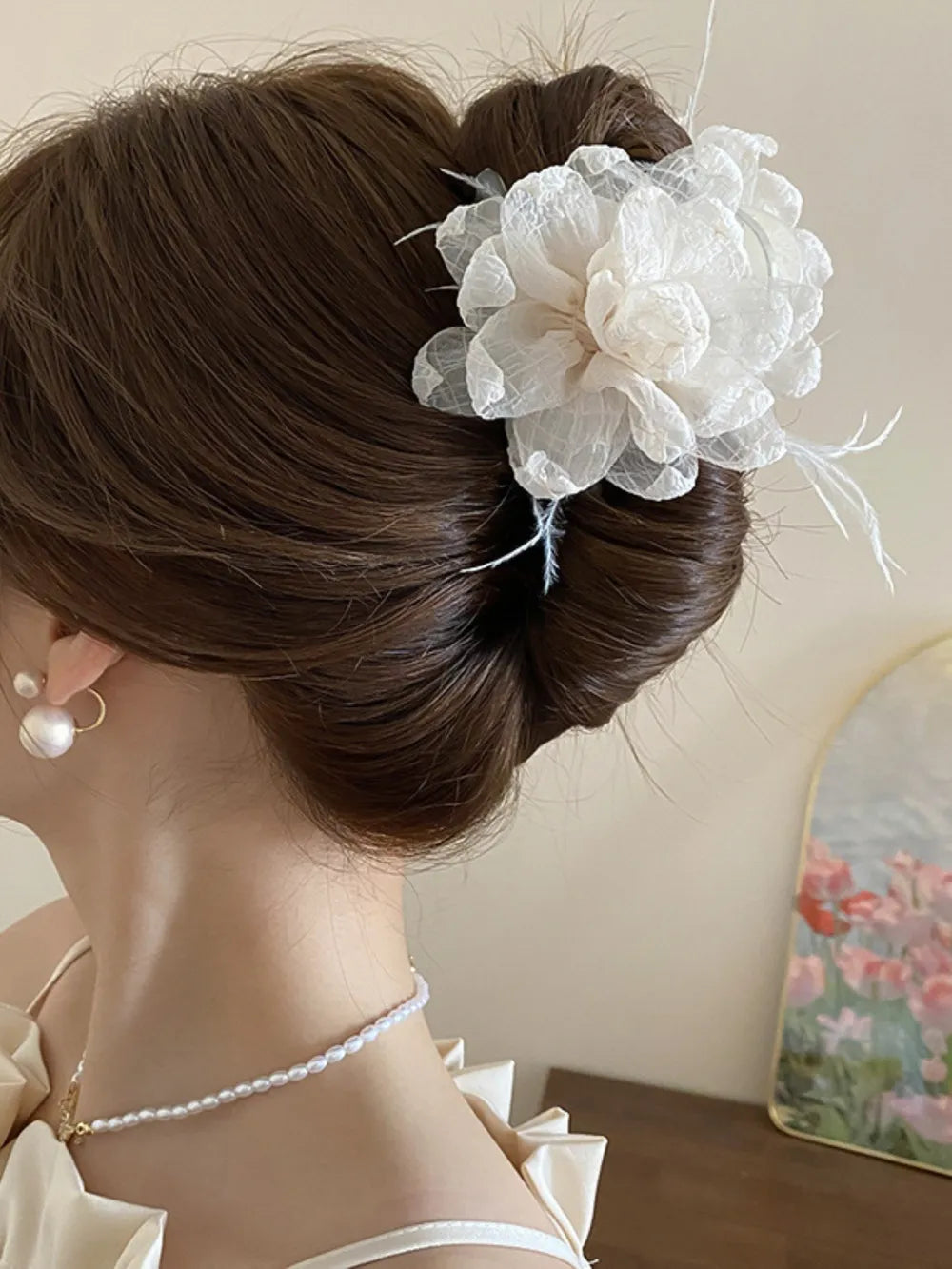 Feather Trim Flower Shape Hair Claw Clip - Treasured Gift's & More