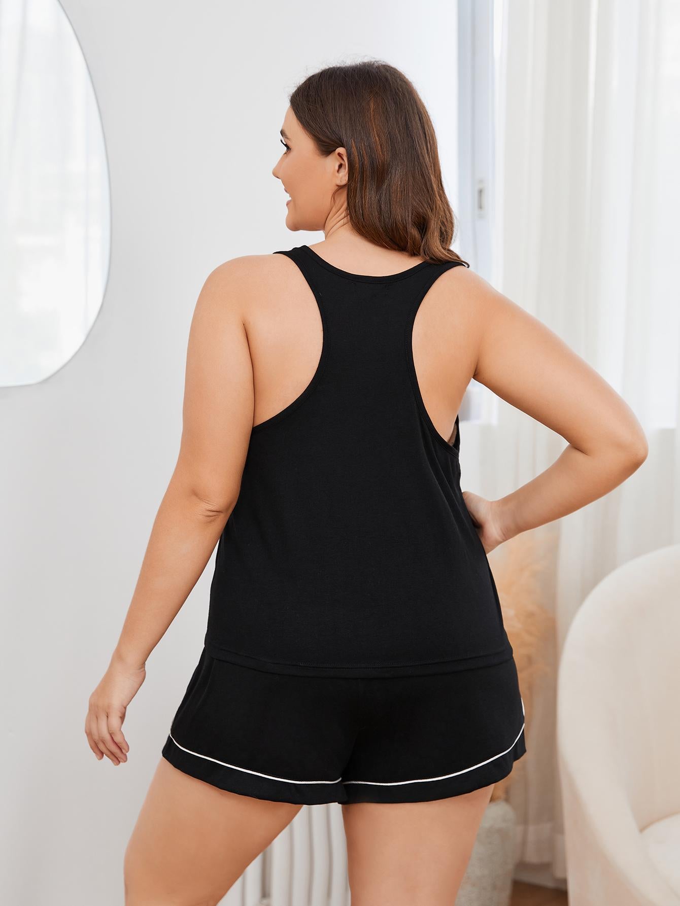 Plus Size Contrast Piping Racerback Tank and Shorts Lounge Set - Treasured Gift's & More