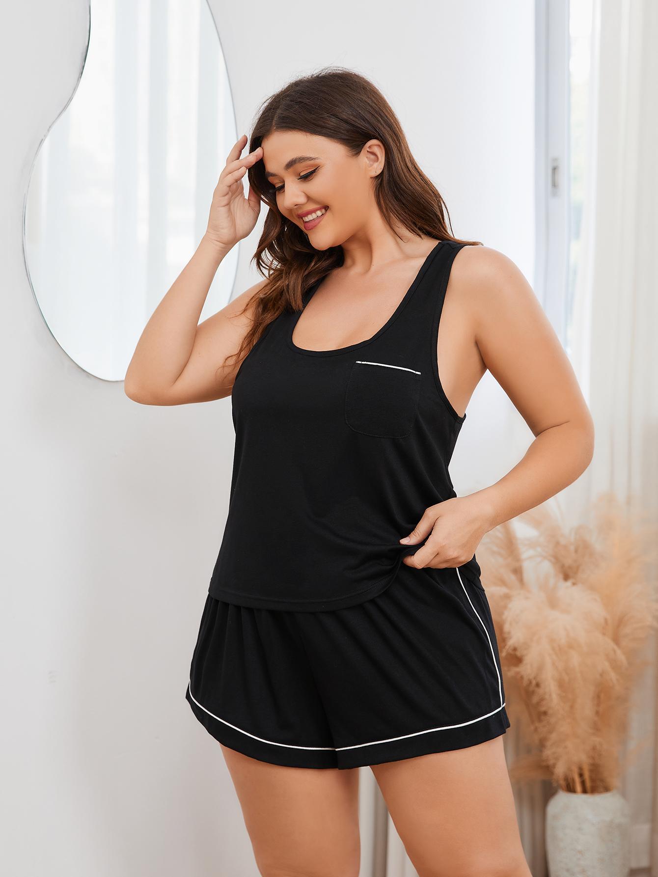 Plus Size Contrast Piping Racerback Tank and Shorts Lounge Set - Treasured Gift's & More
