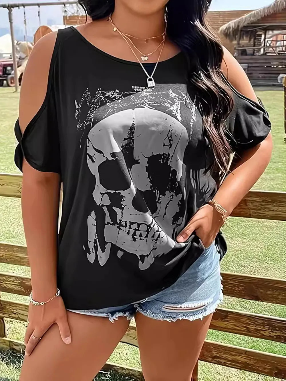 Plus Size Skeleton Graphic Round Neck Cold Shoulder T-Shirt - Treasured Gift's & More