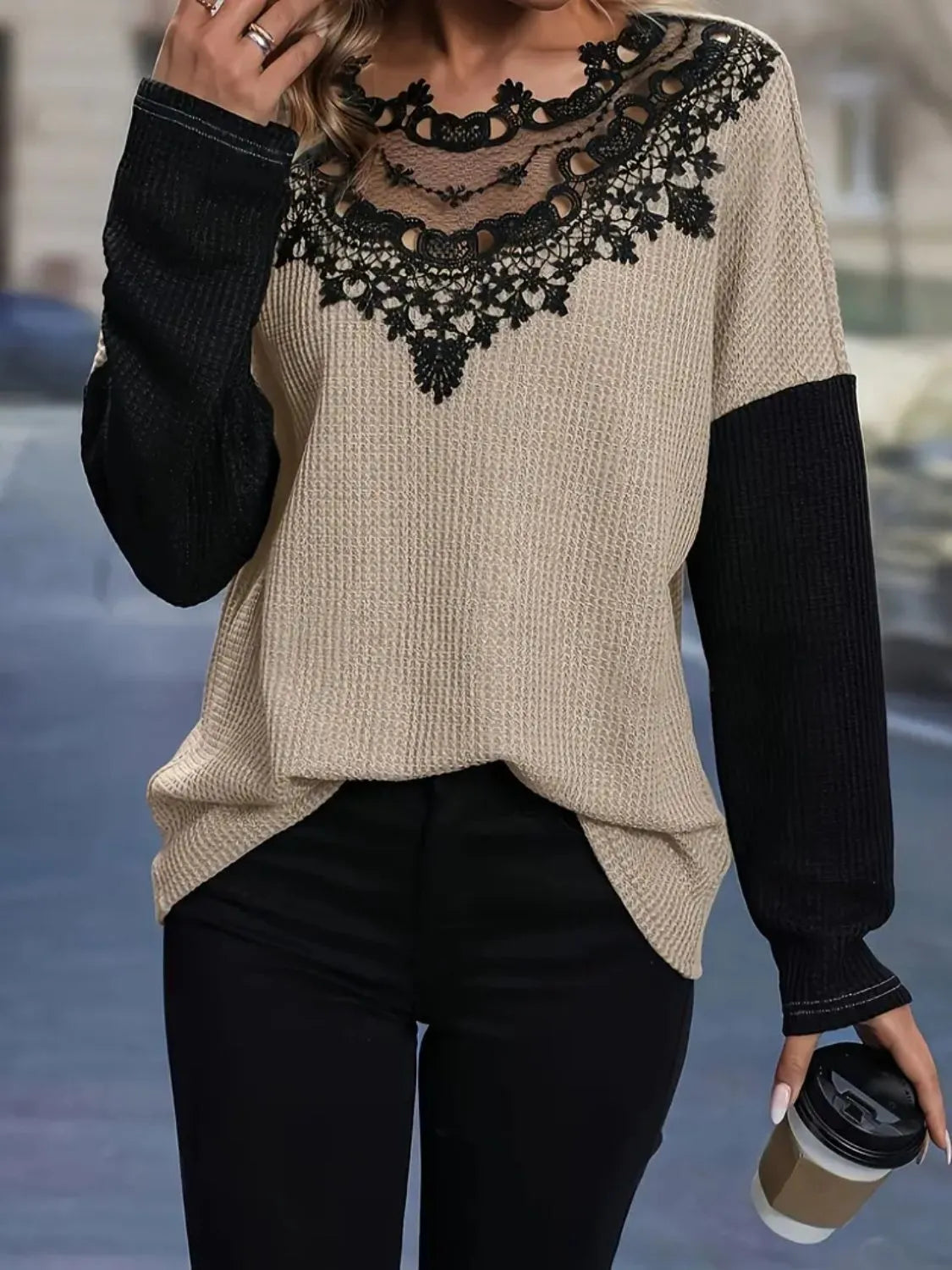 Contrast Lace Round Neck Long Sleeve T-Shirt - Treasured Gift's & More