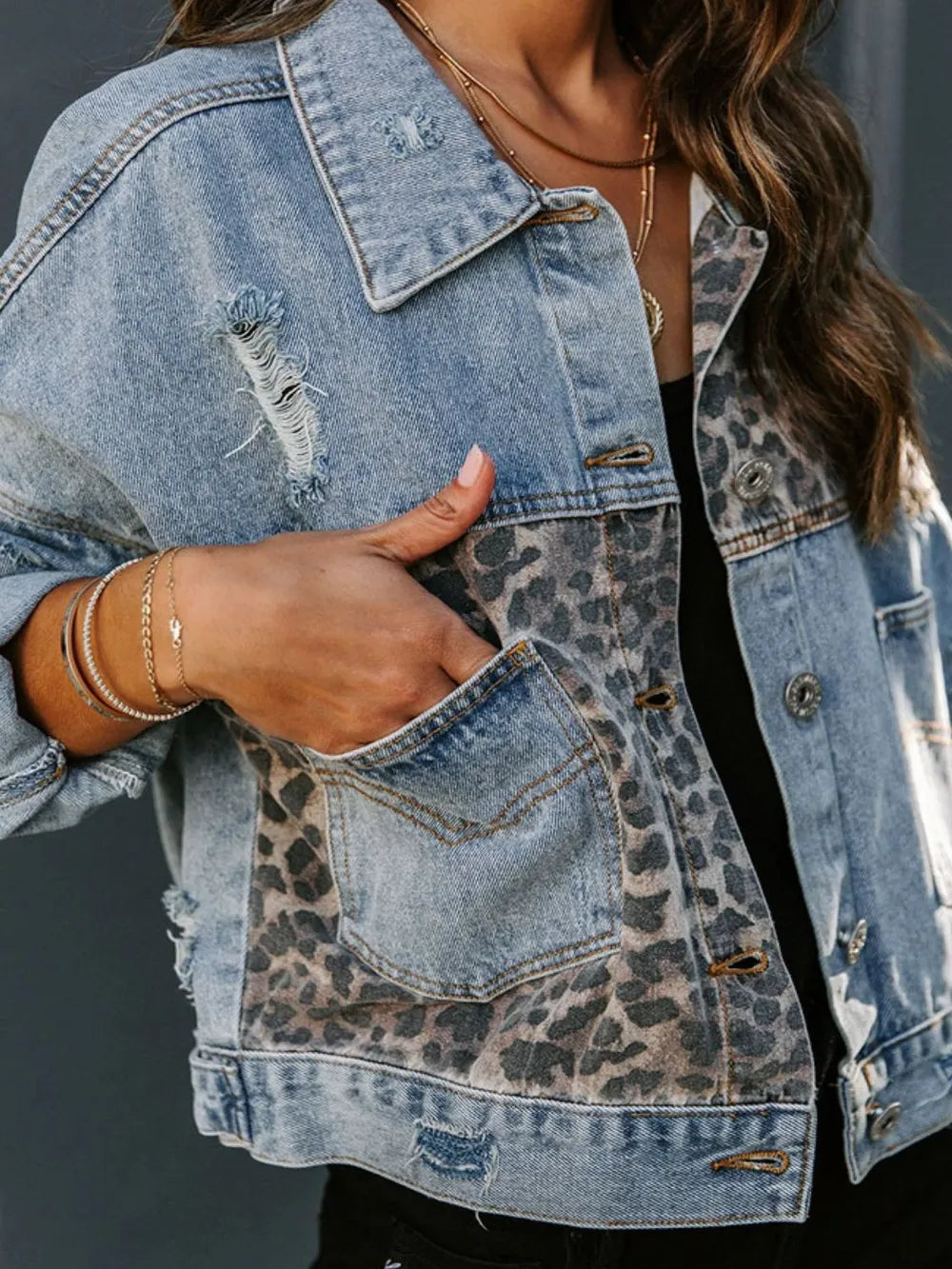 Distressed Leopard Drop Shoulder Denim Jacket - Treasured Gift's & More