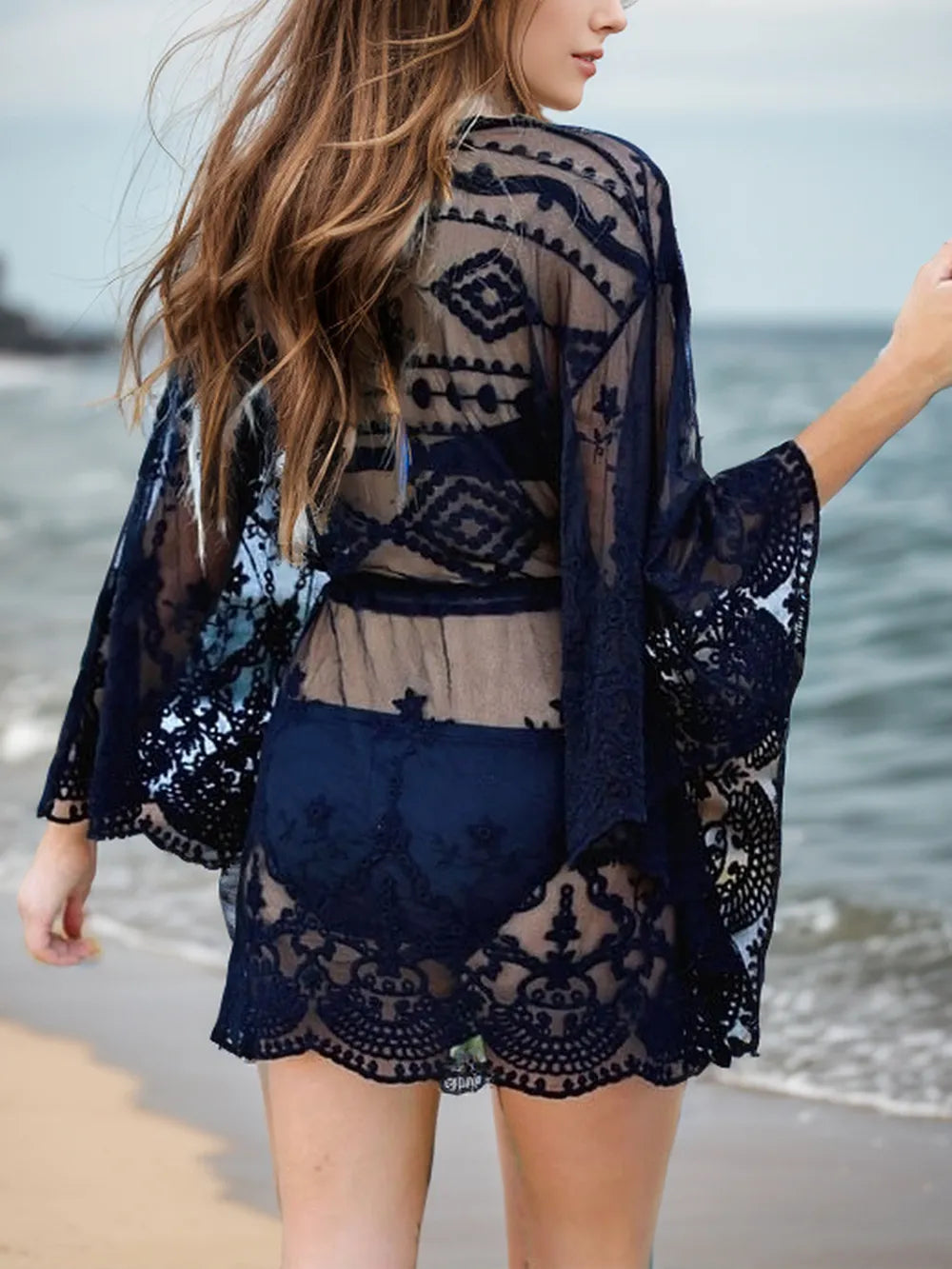 Lace V-Neck Three-Quarter Sleeve Cover Up - Treasured Gift's & More