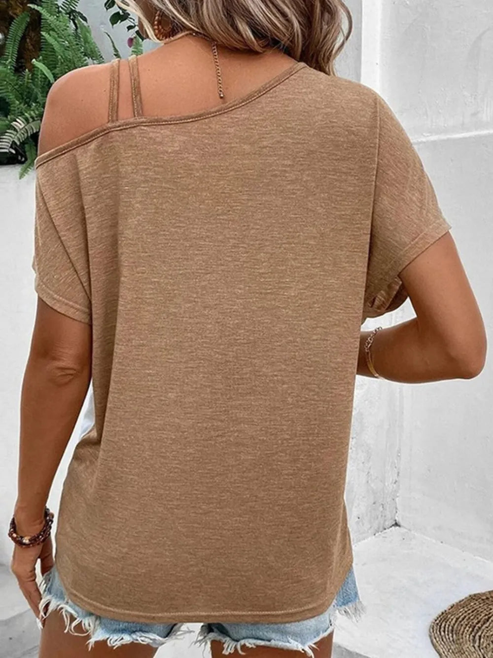 Contrast Asymmetrical Neck Short Sleeve T-Shirt - Treasured Gift's & More