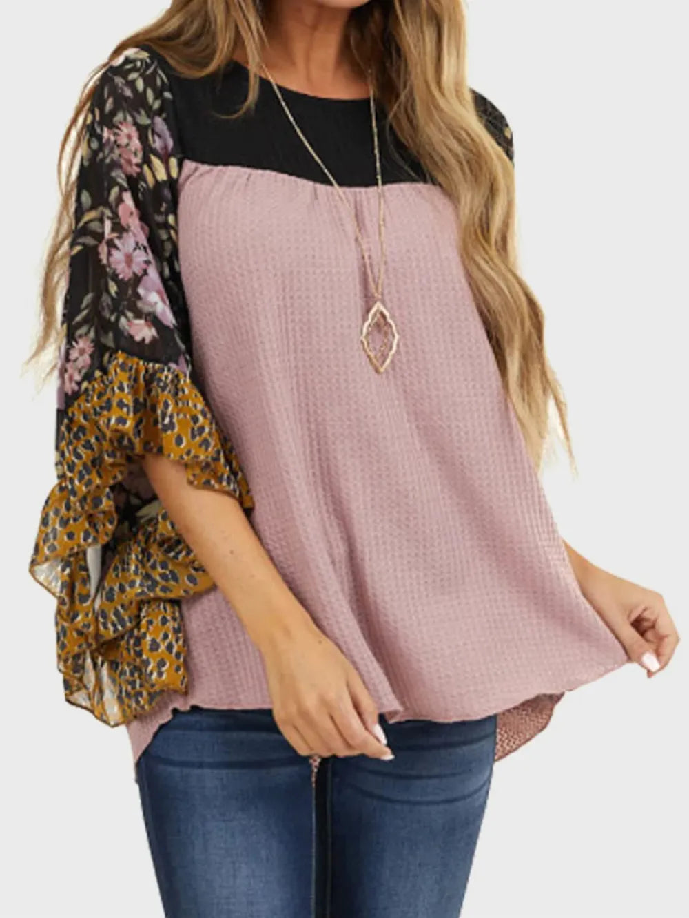 Full Size Printed Round Neck Three-Quarter Sleeve Blouse - Treasured Gift's & More