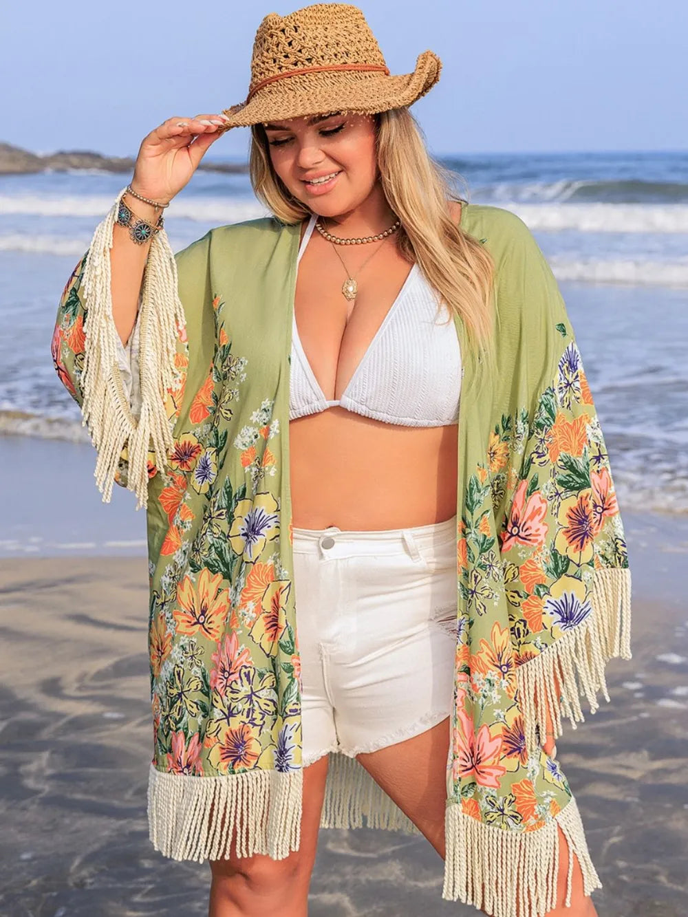Plus Size Fringe Open Front Cover-Up - Treasured Gift's & More
