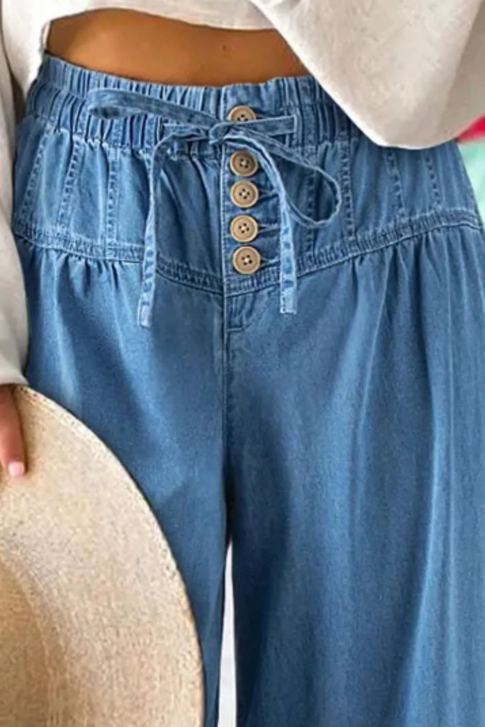 Drawstring Elastic Waist Wide Leg Jeans - Treasured Gift's & More