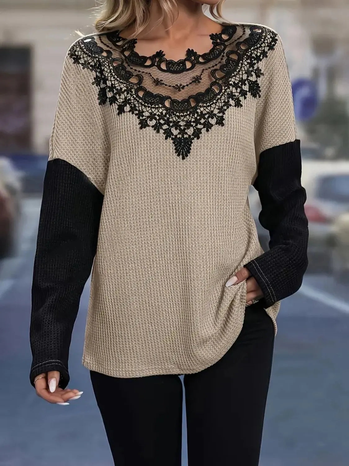 Contrast Lace Round Neck Long Sleeve T-Shirt - Treasured Gift's & More