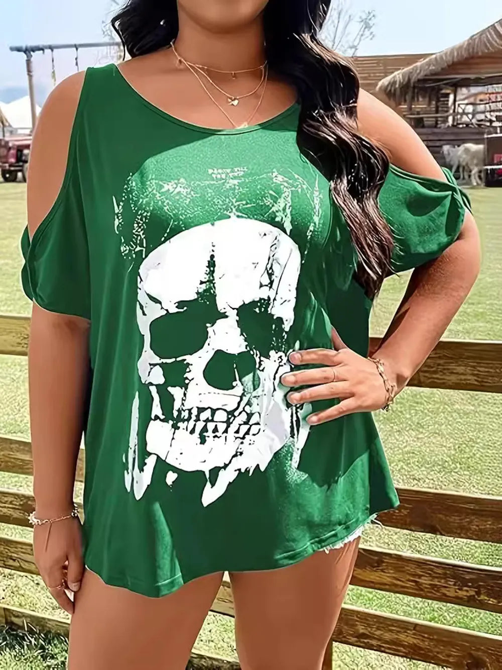 Plus Size Skeleton Graphic Round Neck Cold Shoulder T-Shirt - Treasured Gift's & More