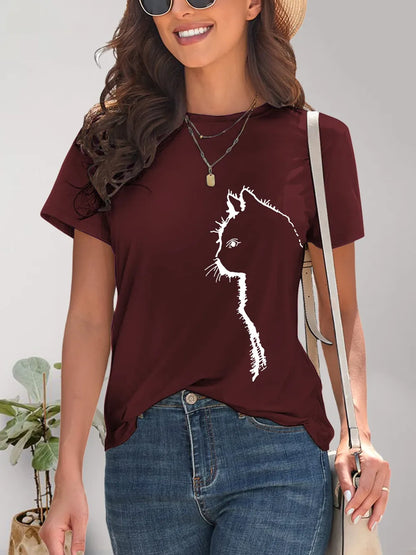 Cat Round Neck Short Sleeve T-Shirt - Treasured Gift's & More