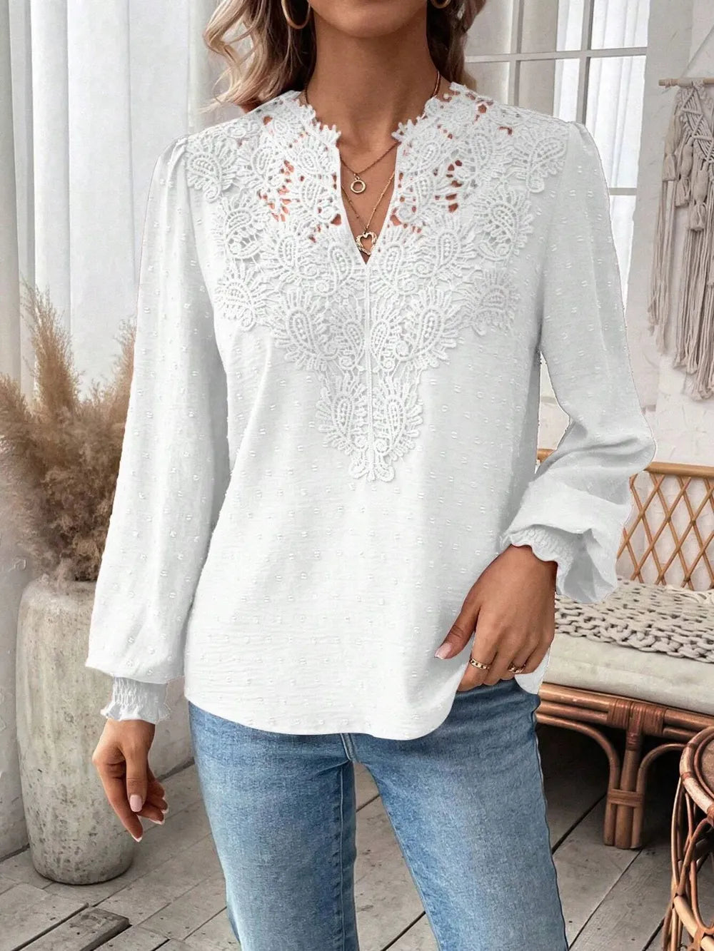 Swiss Dot Lace Detail Notched Long Sleeve Blouse - Treasured Gift's & More
