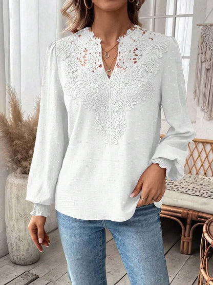 Swiss Dot Lace Detail Notched Long Sleeve Blouse - Treasured Gift's & More