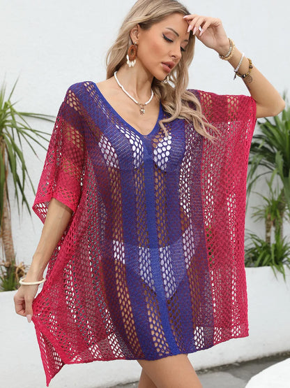 Openwork Contrast V-Neck Cover-Up - Treasured Gift's & More