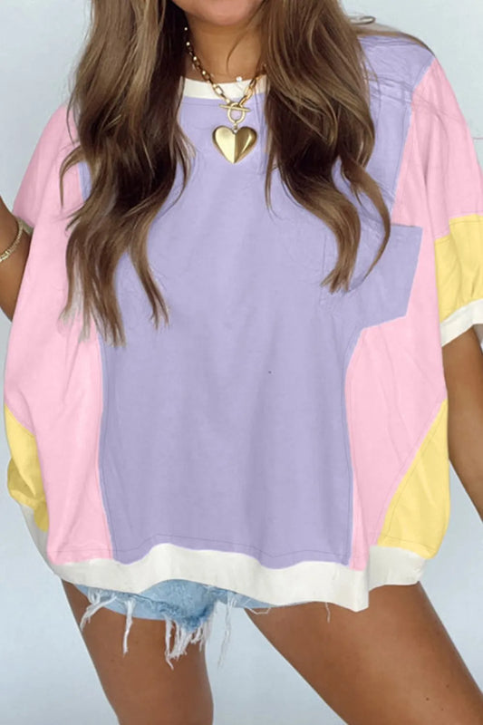 Color Block Patchwork Half Sleeve Oversized T Shirt - Treasured Gift's & More