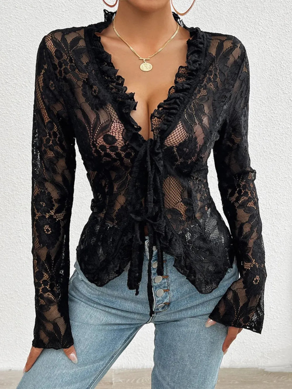 Tied V-Neck Long Sleeve Lace Top - Treasured Gift's & More