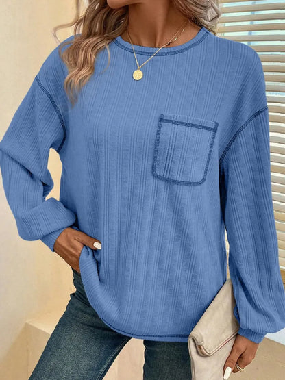 Mandy Contrast Stitching Round Neck Long Sleeve T-Shirt - Treasured Gift's & More