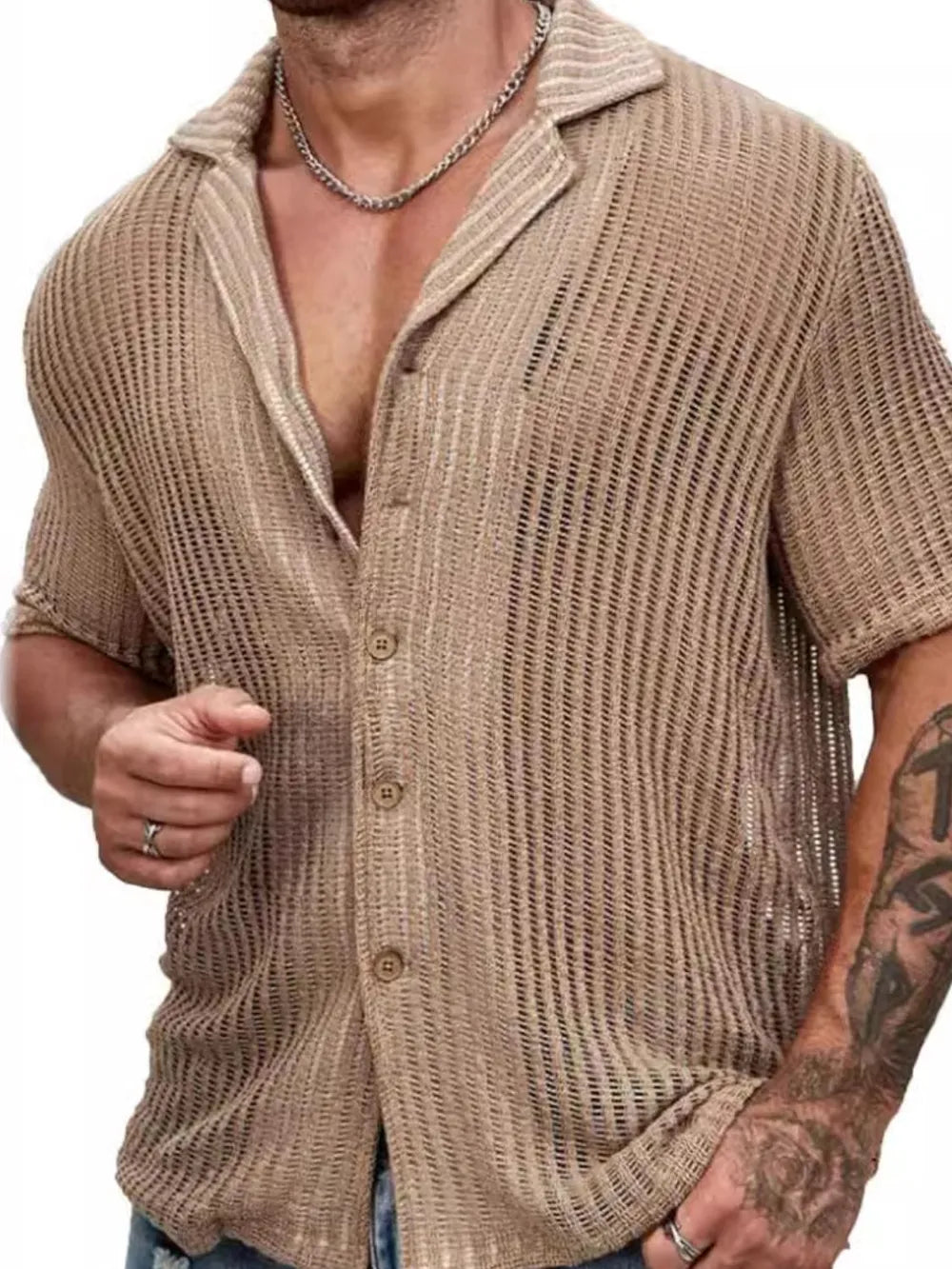 Men's Full Size Openwork Button Down Short Sleeve Shirt Plus Size - Treasured Gift's & More