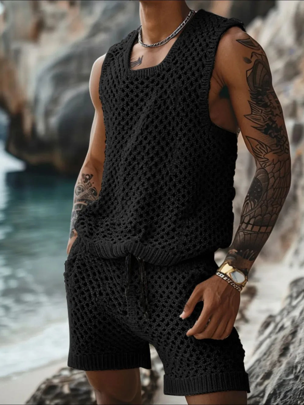 Men's Plus Size Hollow Out Round Neck Tank and Shorts Set - Treasured Gift's & More
