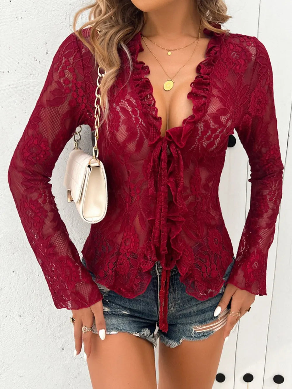 Tied V-Neck Long Sleeve Lace Top - Treasured Gift's & More