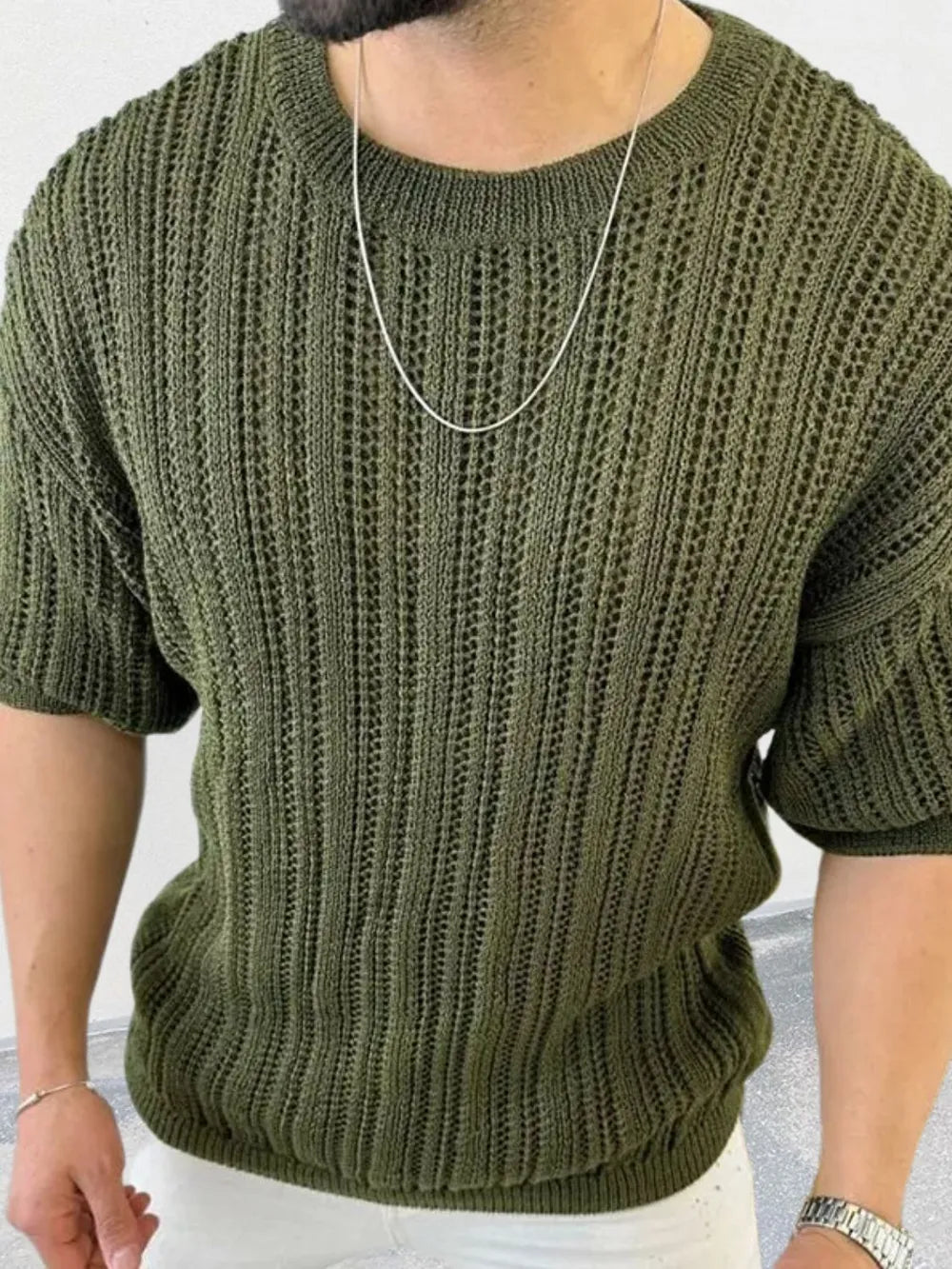 Men's Openwork Round Neck Knit T-Shirt - Treasured Gift's & More