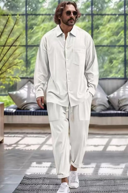 Men's Collared Neck Long Sleeve Top and Pants Set Plus Size - Treasured Gift's & More