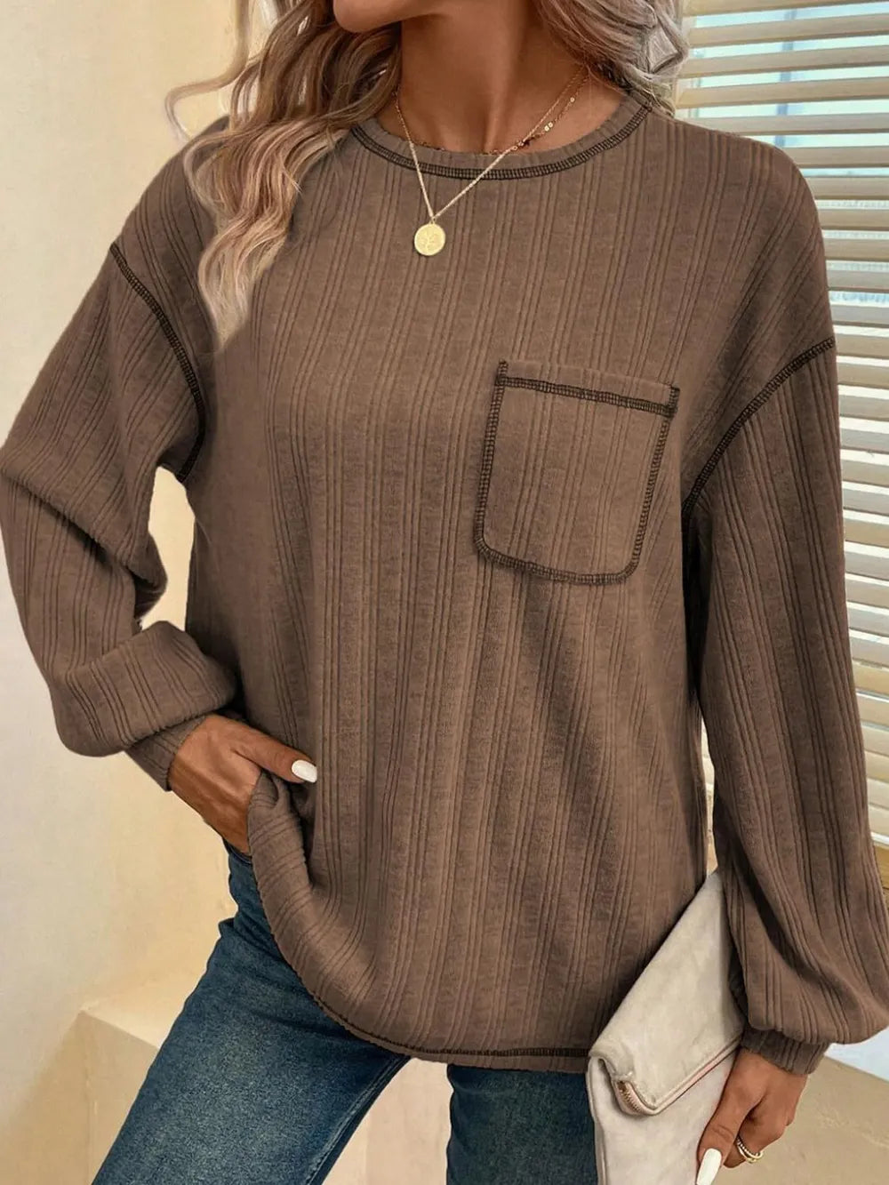 Mandy Contrast Stitching Round Neck Long Sleeve T-Shirt - Treasured Gift's & More