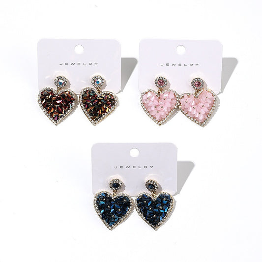 Triangle crystal three-dimensional heart copper inlaid zircon earrings