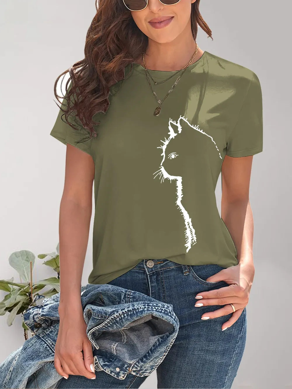 Cat Round Neck Short Sleeve T-Shirt - Treasured Gift's & More