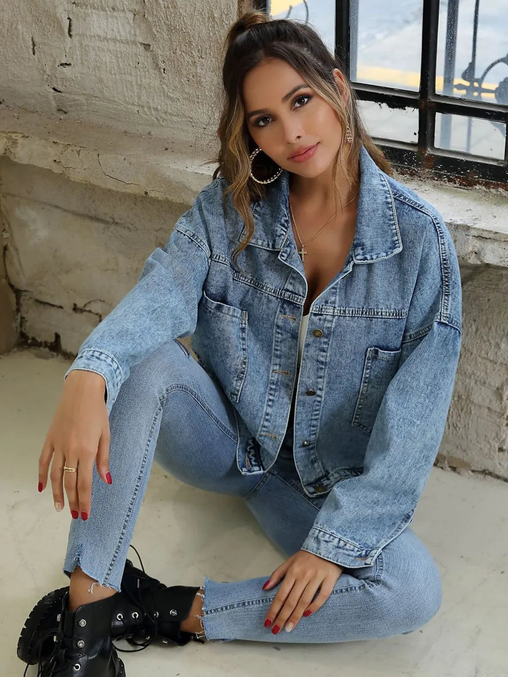 Button Down Drop Shoulder Denim Jacket - Treasured Gift's & More