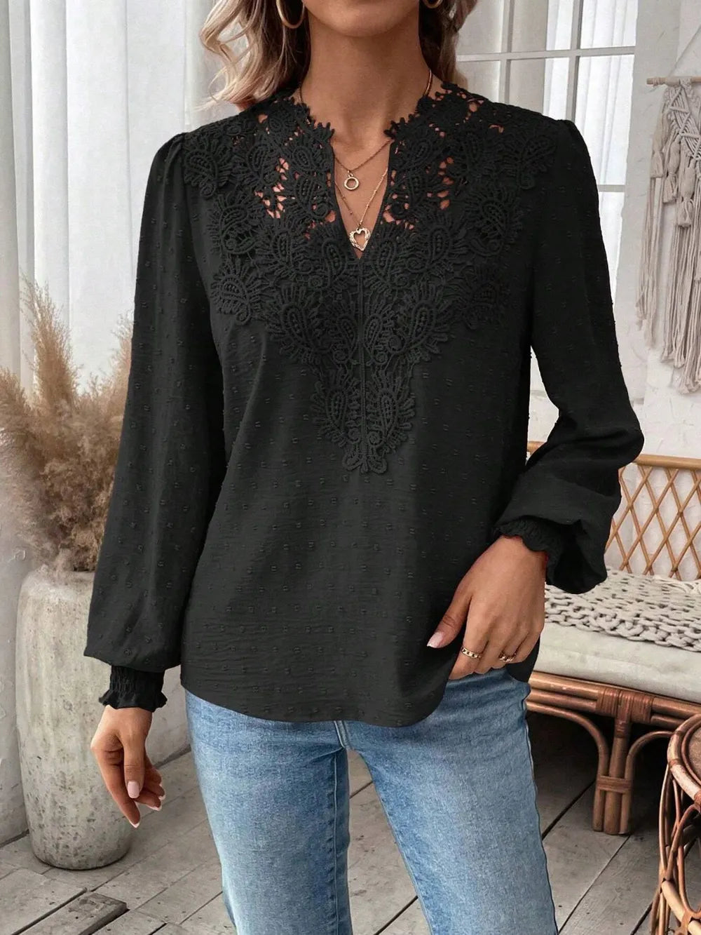 Swiss Dot Lace Detail Notched Long Sleeve Blouse - Treasured Gift's & More