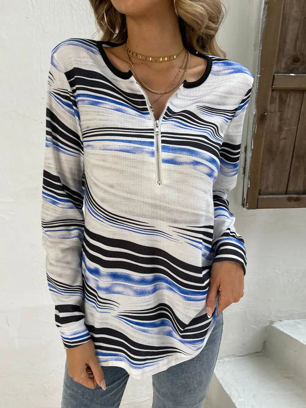 Shiny Printed Half Zip Long Sleeve T-Shirt - Treasured Gift's & More