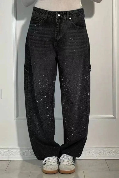 Full Size Washed Rhinestone Detail Wide leg Jeans Plus Size - Treasured Gift's & More