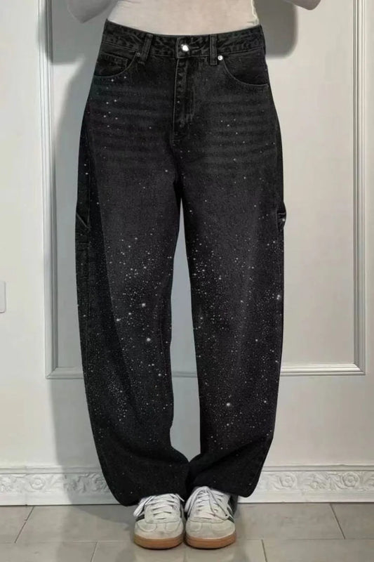 Full Size Washed Rhinestone Detail Wide leg Jeans Plus Size - Treasured Gift's & More