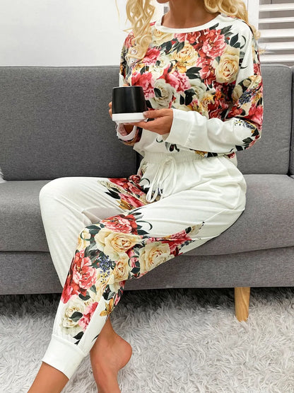 Shiny Printed Round Neck Top and Pants Lounge Set - Treasured Gift's & More